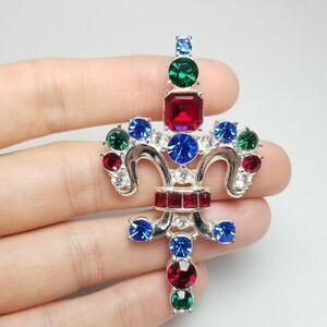 Vintage Trifari TM 1997 Fleur De Lis Red Blue Green Rhinestones Brooch Pendant
